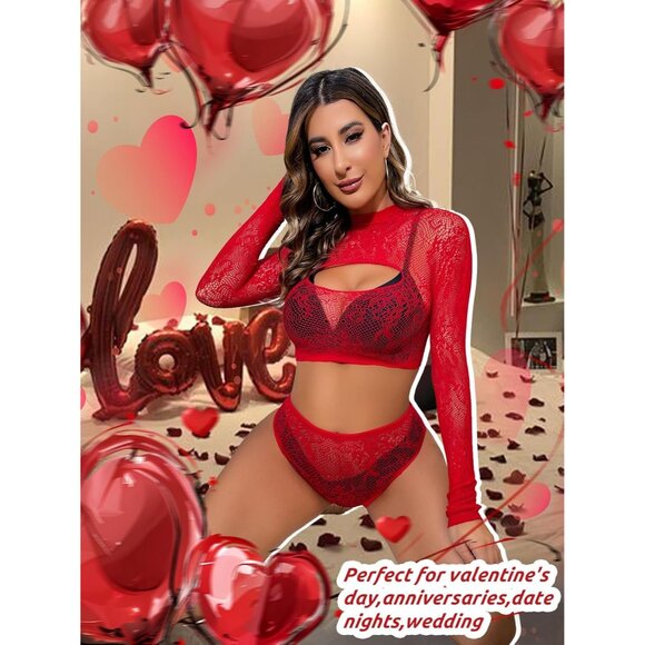 Women's Red Lingerie Imported Front Open Bodysuit Sexy Nightwear Pajamas Set - Picture 4 of 6